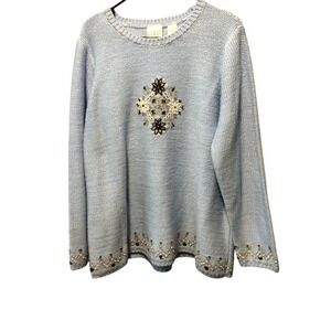 Villager Sport Embroidered Knit Sweater Blue Floral Accent Beads Womens